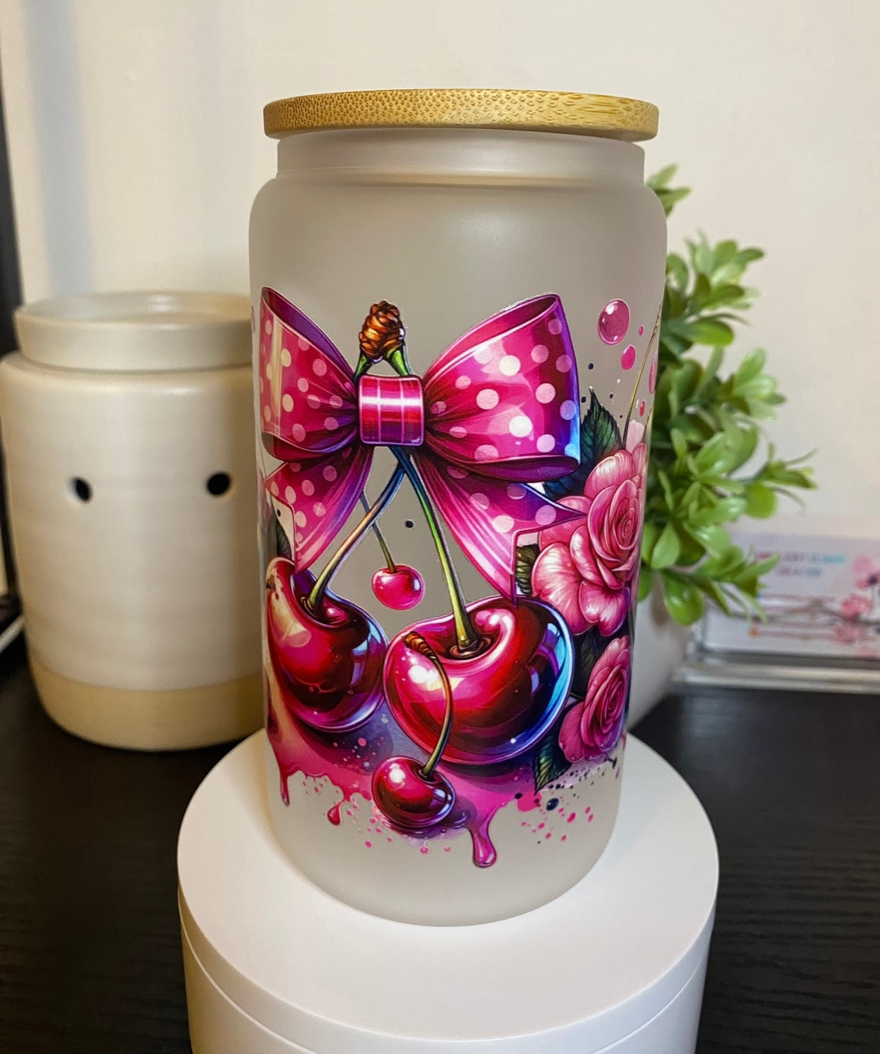 16oz glass cup with UV DTF wrap