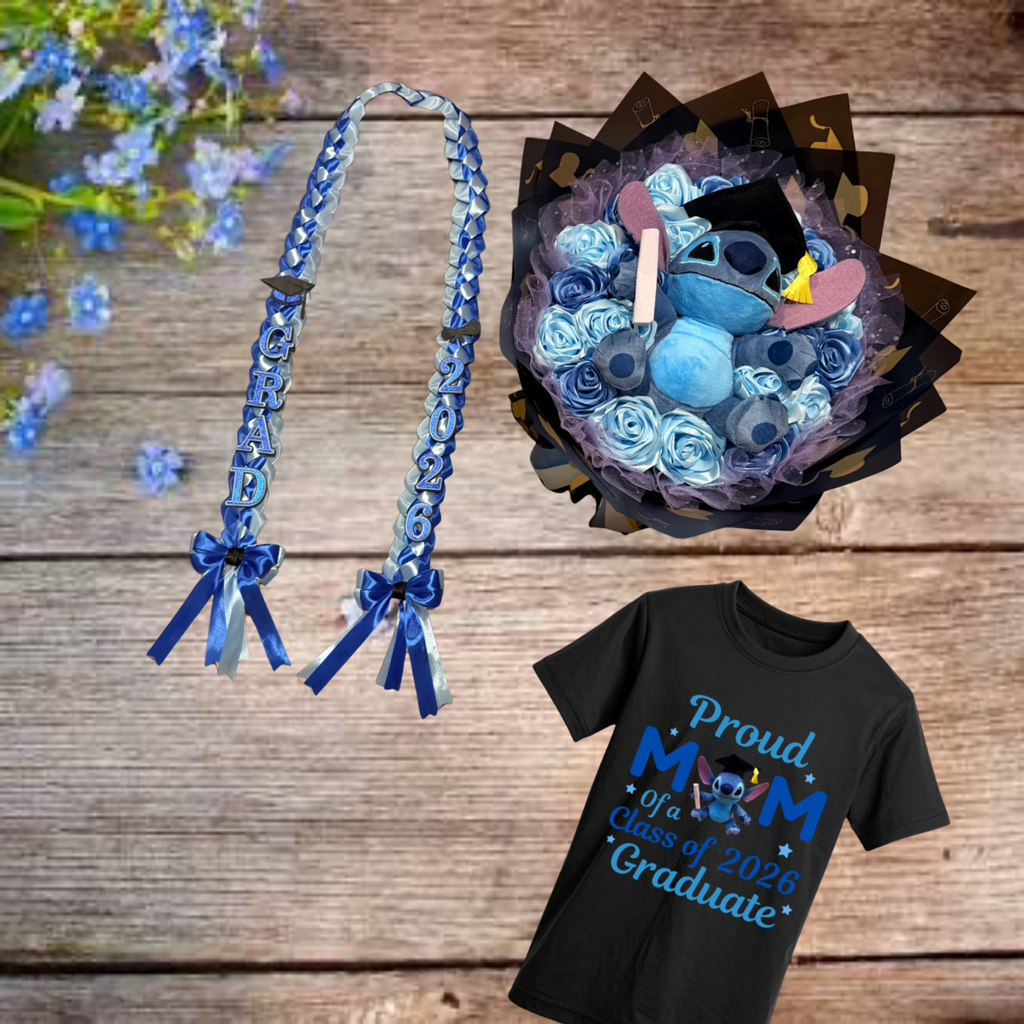 Graduation Lei, flower bouquet and T-Shirt set.