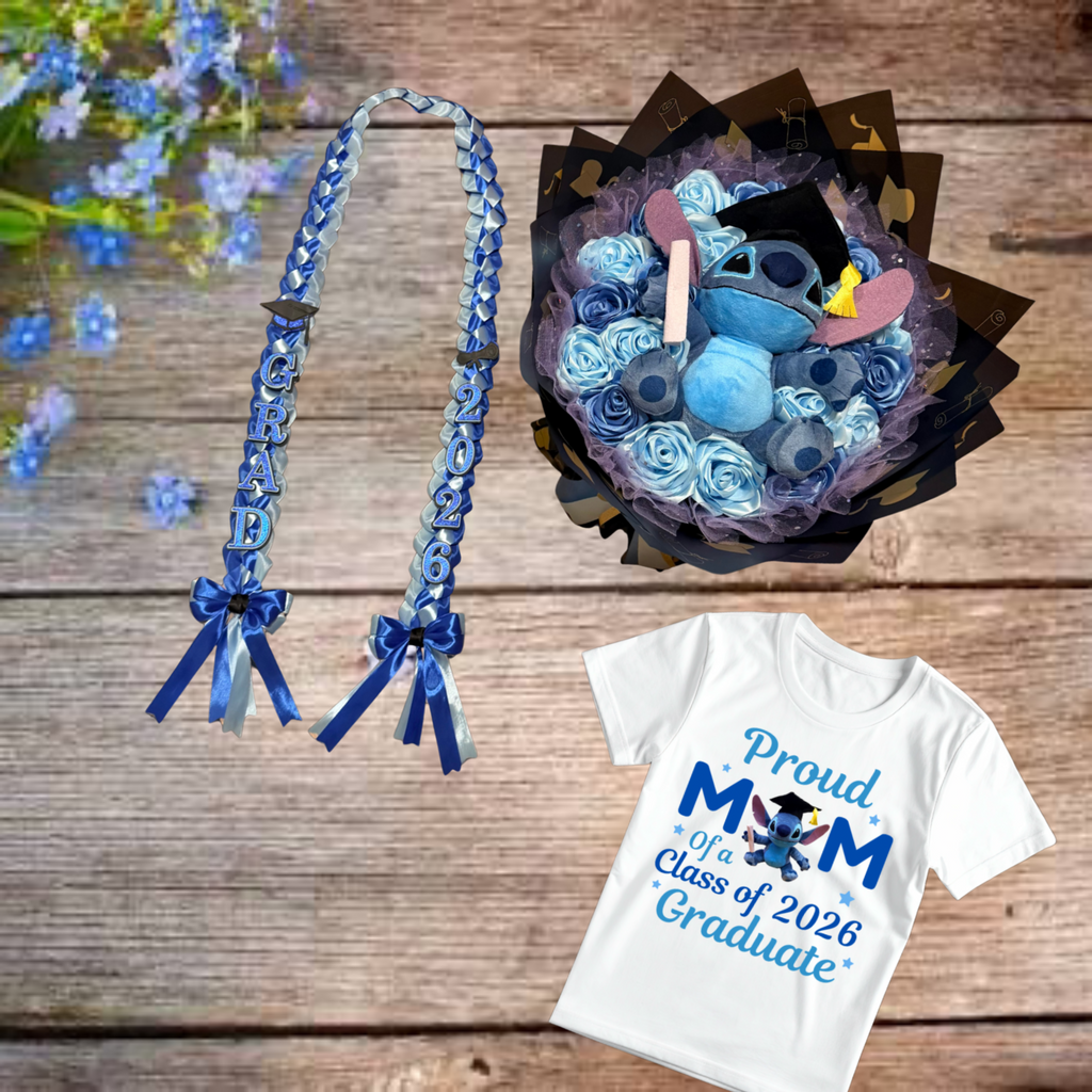 Graduation Lei, flower bouquet and T-Shirt set.